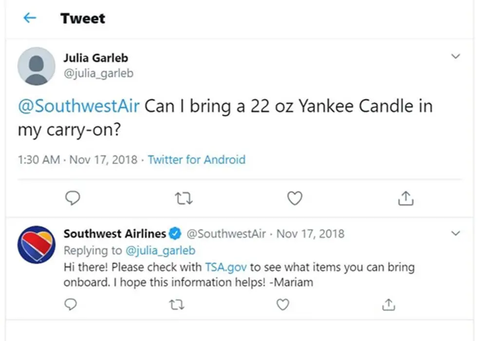 Candles on Southwest Airlines
